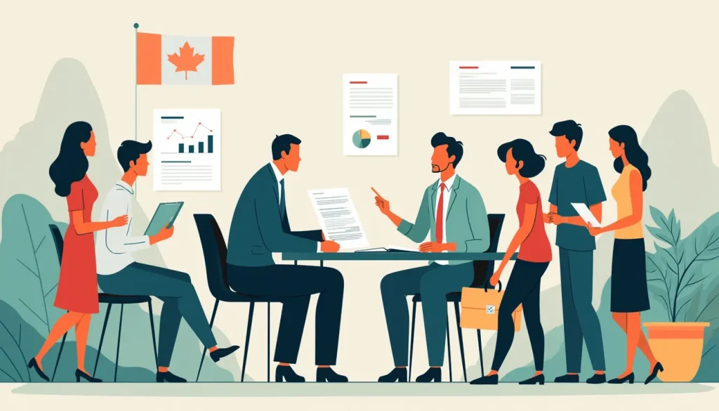 A clear and informative illustration showing a diverse group of people consulting with a financial advisor at a desk in a professional office setting. The