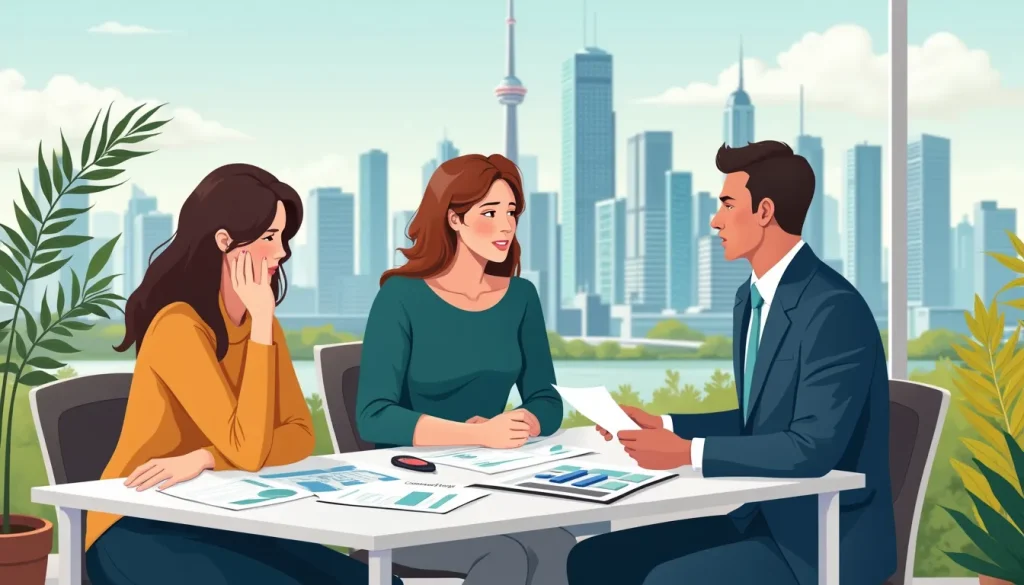 A professional financial advisor sitting at a sleek, modern desk with Toronto's iconic skyline visible through large windows behind them. They are explaini