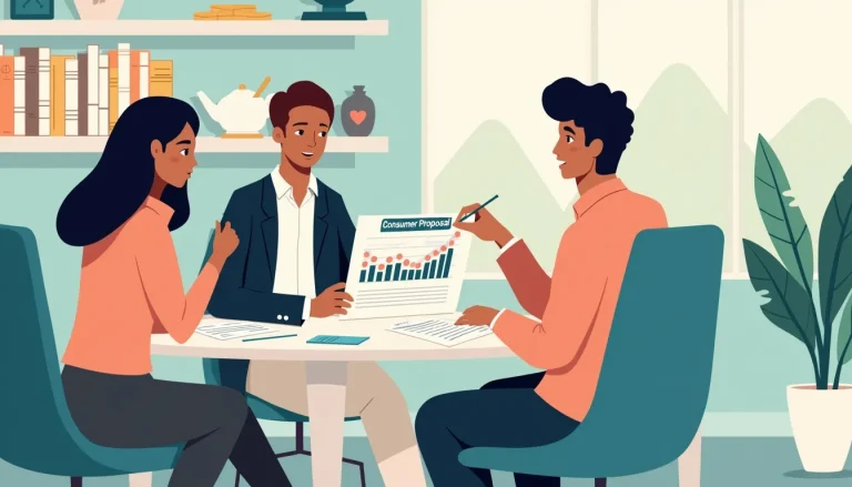 Illustrate a modern office setting with a financial advisor seated at a desk, explaining financial documents to a couple. Show the advisor pointing to a ch