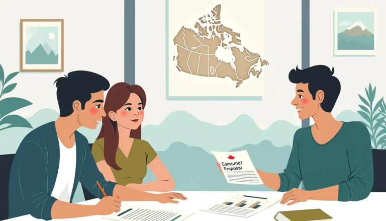 An informative and visually appealing illustration showing a business professional explaining the concept of a consumer proposal to a couple in an office s