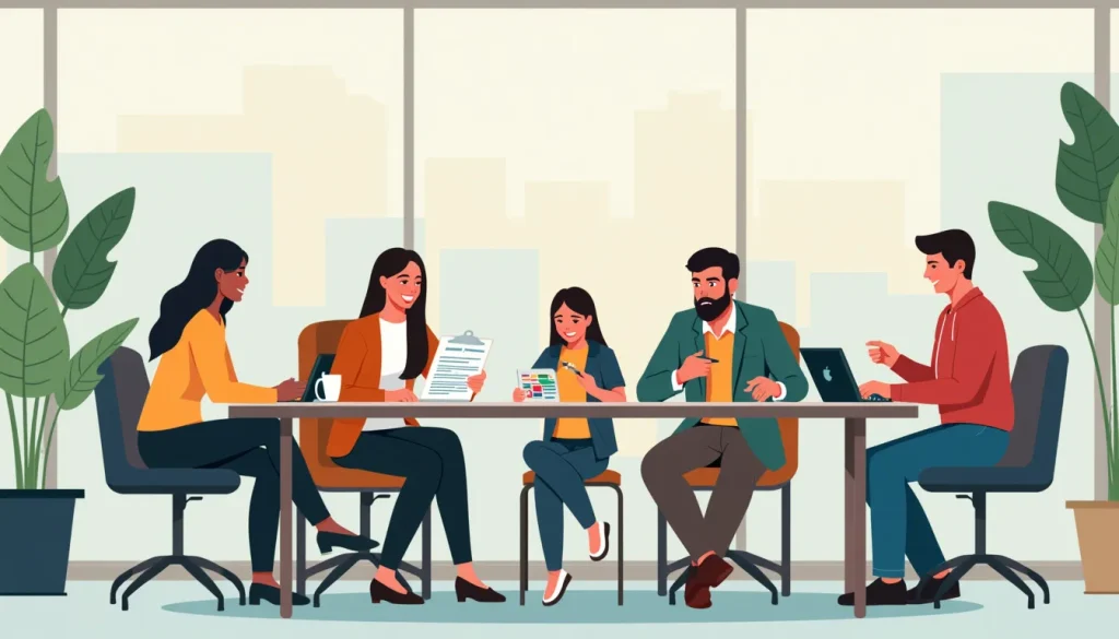 Create an image depicting a diverse group of people sitting at a table with a financial advisor, reviewing documents. The setting should be a modern office