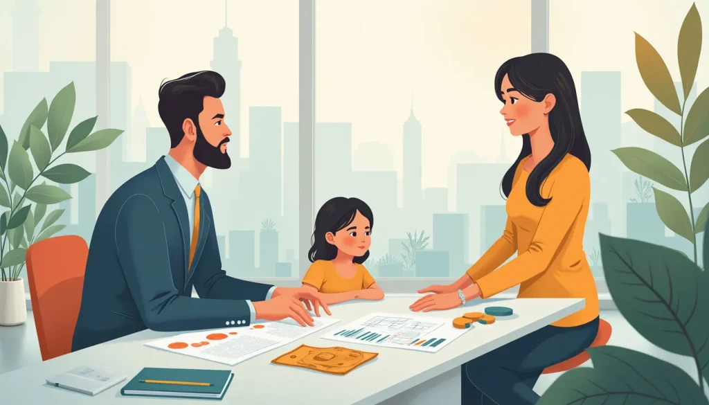 A clear visual representation showing a professional advisor explaining a consumer proposal agreement to a Canadian family in a modern office setting, with