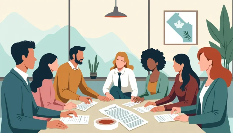 Create an illustration showing a diverse group of people sitting around a table with a financial advisor, discussing documents labeled Consumer Proposal in