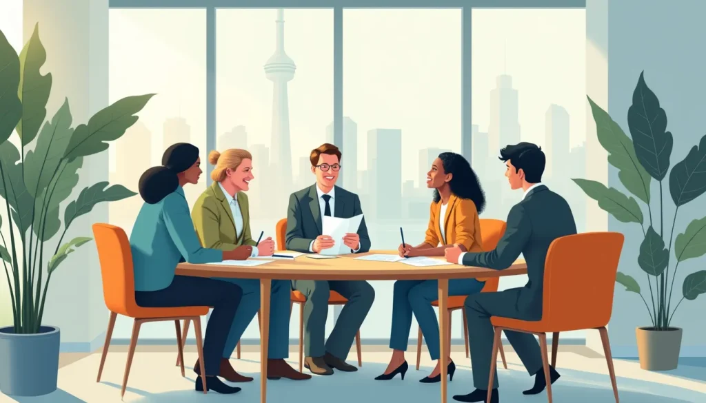 Create an image depicting a diverse group of individuals in a modern Toronto office setting, attentively listening to a financial advisor explaining consum