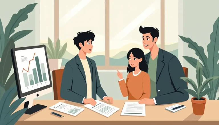 Create an image of a friendly financial advisor explaining a credit consumer proposal to a young couple at a desk. The desk has paperwork, charts, and a co