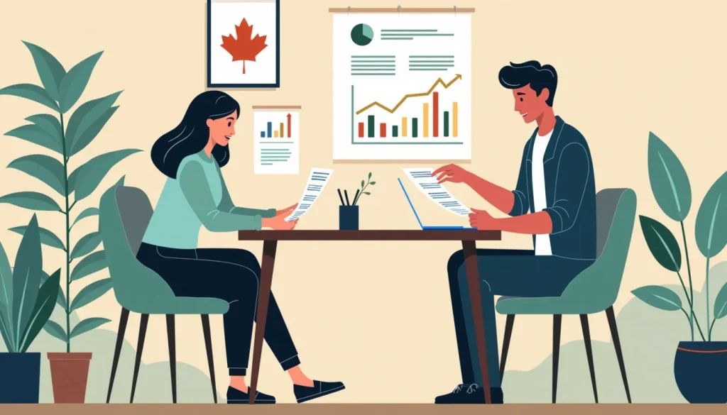 Create an image of a financial advisor sitting with a couple at a desk, showing them documents. The background features a cozy office setting with charts a