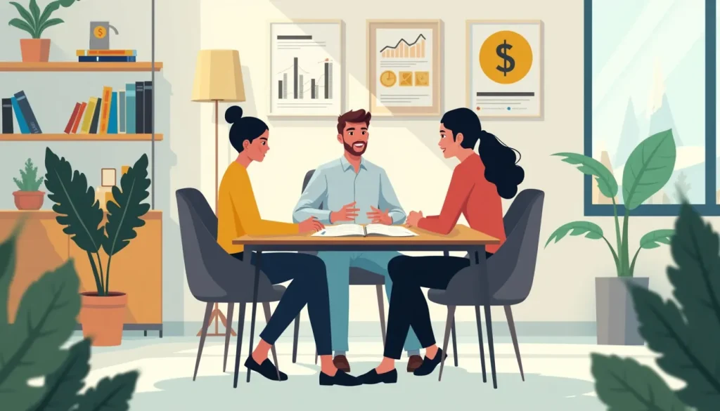 A friendly financial advisor sitting across from a diverse group of attentive clients in a modern office setting, with charts and documents on the table. T