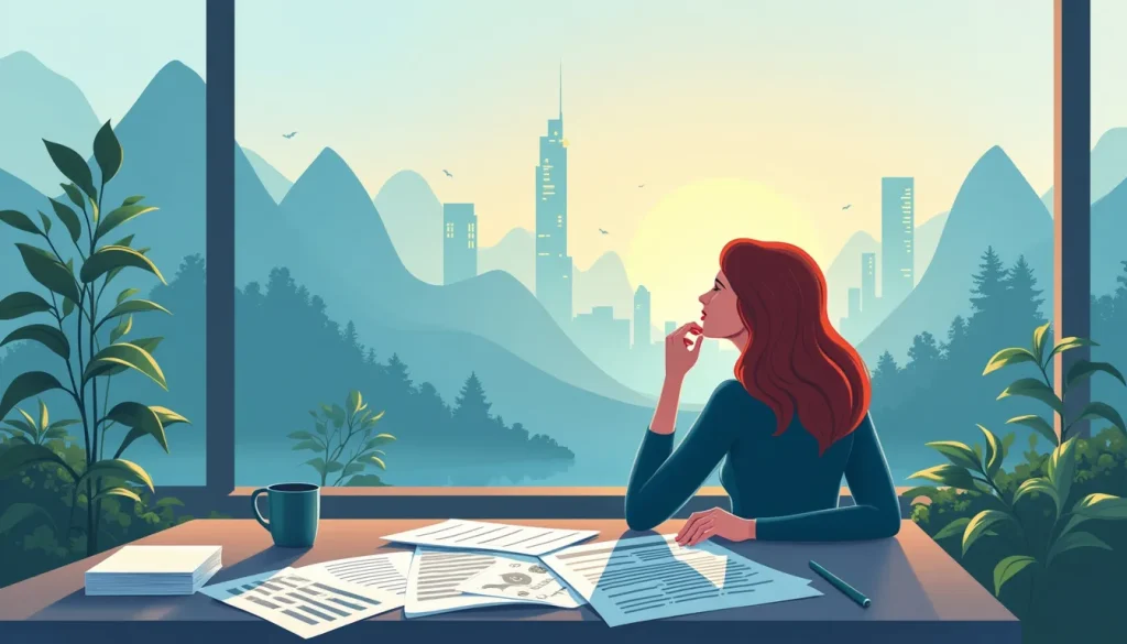 A person sitting at a desk with financial documents spread out, deep in thought, surrounded by futuristic cityscape through the window, symbolizing the imp