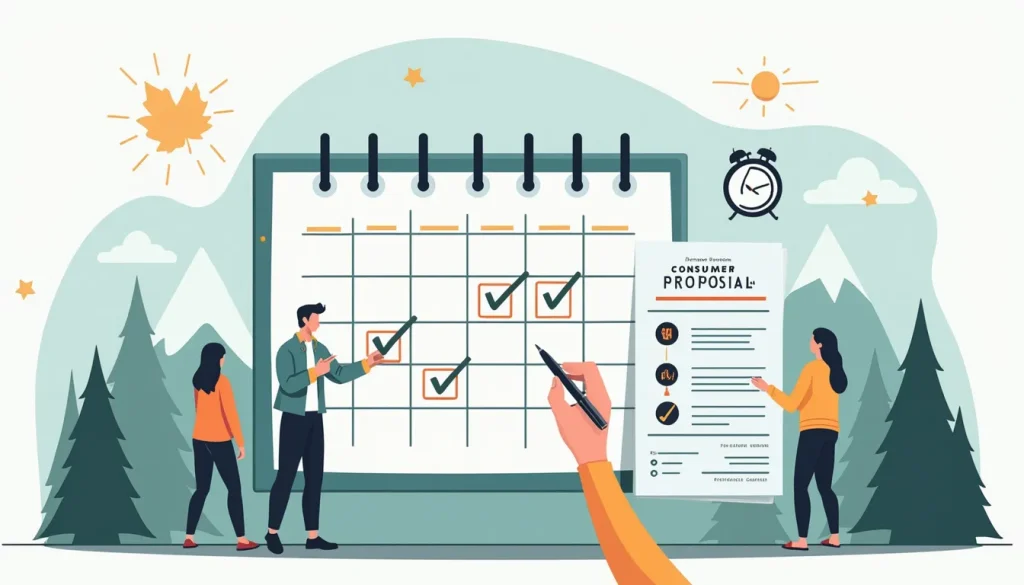 A detailed illustration of a calendar with key dates marked, showing the timeline of a consumer proposal. A person is holding a pen and checking off boxes