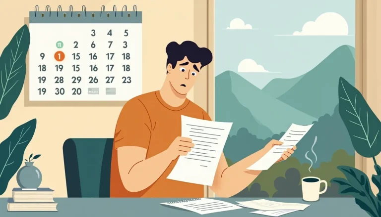 A worried individual contemplating financial documents in a cozy home office, with a calendar marked with key dates prominently displayed on the wall. The