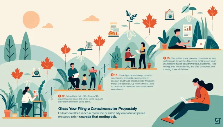 A detailed, step-by-step infographic depicting the process of filing a consumer proposal, including scenes of a person researching online, visiting a finan