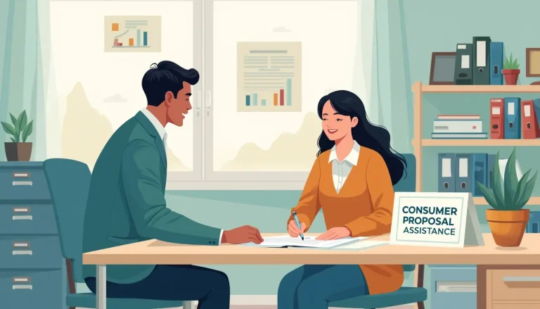 Create an image of a professional-looking office setting where a friendly financial advisor is assisting a client with paperwork. On the desk, there's a si