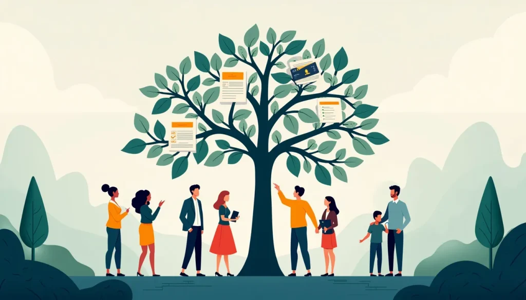 Illustration of a diverse group of consumers standing in front of a decision tree that features various financial documents, credit cards, loan agreements,