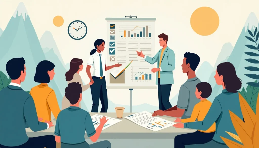 Create an image that depicts a diverse group of people consulting with a professional advisor in an office setting. The advisor is explaining documents on