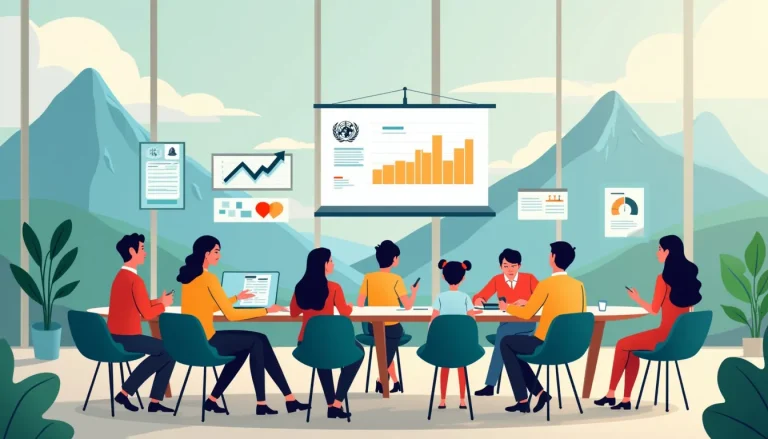 Create an illustration that depicts a meeting room with diverse individuals around a table, engaging in a discussion with WHO logos and various health-rela