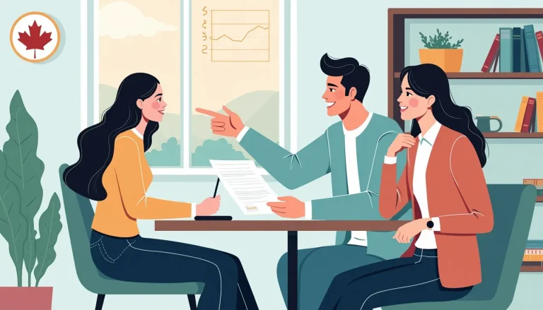 A detailed illustration of a financial advisor discussing a consumer proposal with a young couple. The financial advisor is pointing at a document on the t