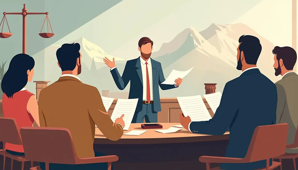 Create an image that depicts a dramatic courtroom scene where an individual is presenting detailed, transparent financial documents to a panel of attentive