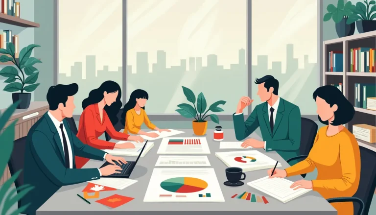 A detailed illustration of a bank office environment where a diverse group of professionals, including a banker, financial analyst, and a customer, are eng