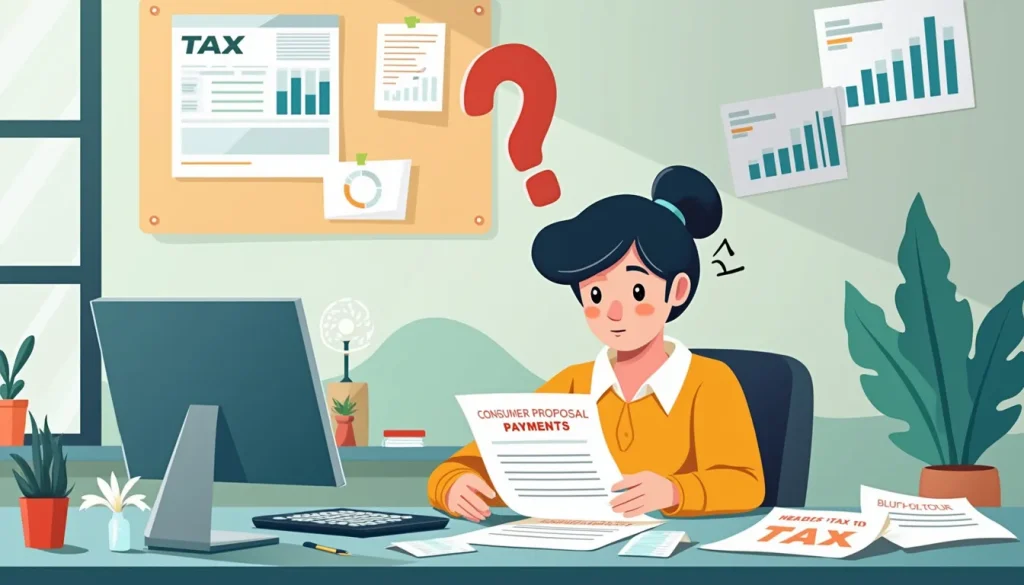 Create an image of a confused person sitting at a desk cluttered with tax documents, receipts, and a calculator. The person is looking at a paper titled Co