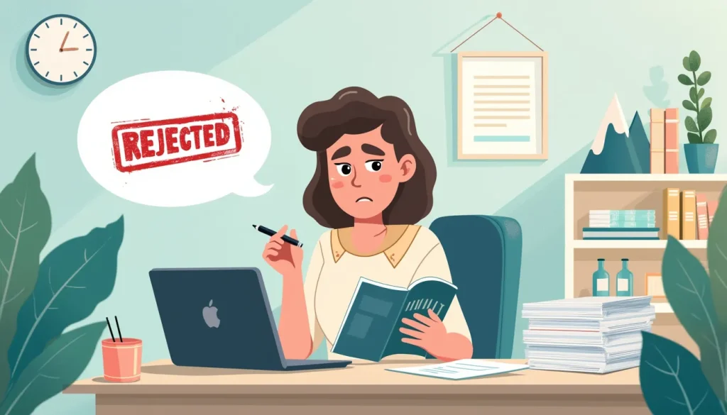 Create an image of a worried individual sitting at a desk, surrounded by paperwork and a laptop displaying a Consumer Proposal Rejected message. In the bac