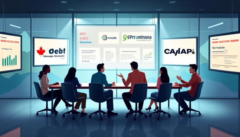 A group of diverse professionals sitting around a sleek conference table, surrounded by digital screens displaying logos of top companies known for debt ma