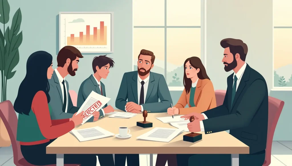 Create an image depicting a business meeting setting where a group of serious-looking financial advisors are seated around a conference table. On the table