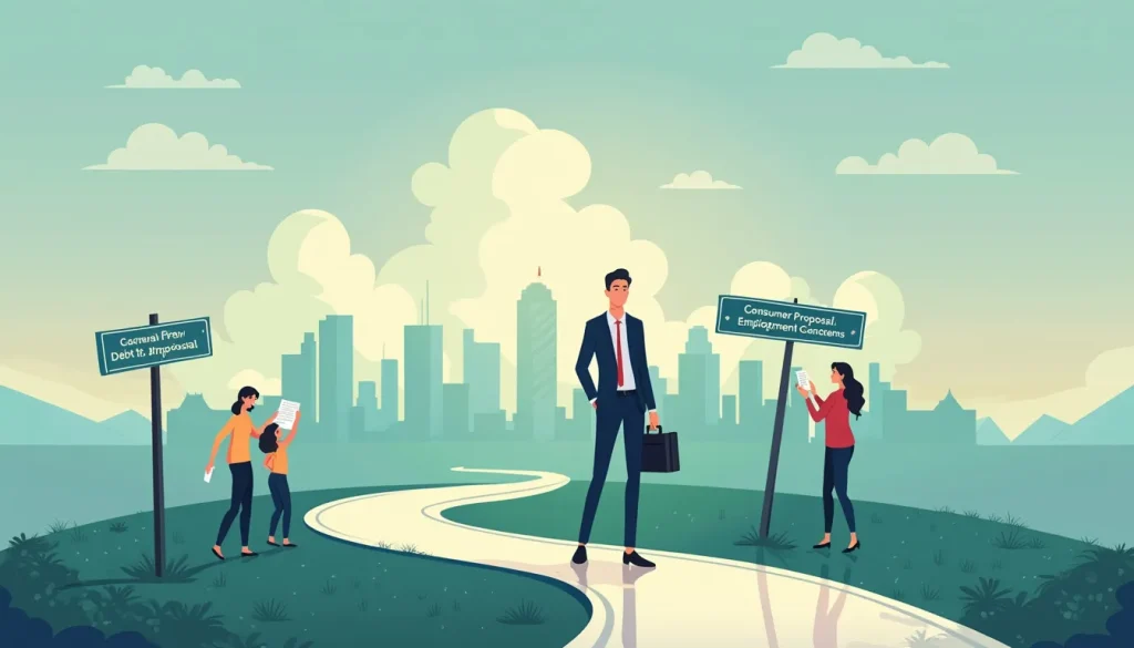 Create an image depicting a young professional in business attire standing at a crossroads. One path leads to a bright, bustling city skyline representing