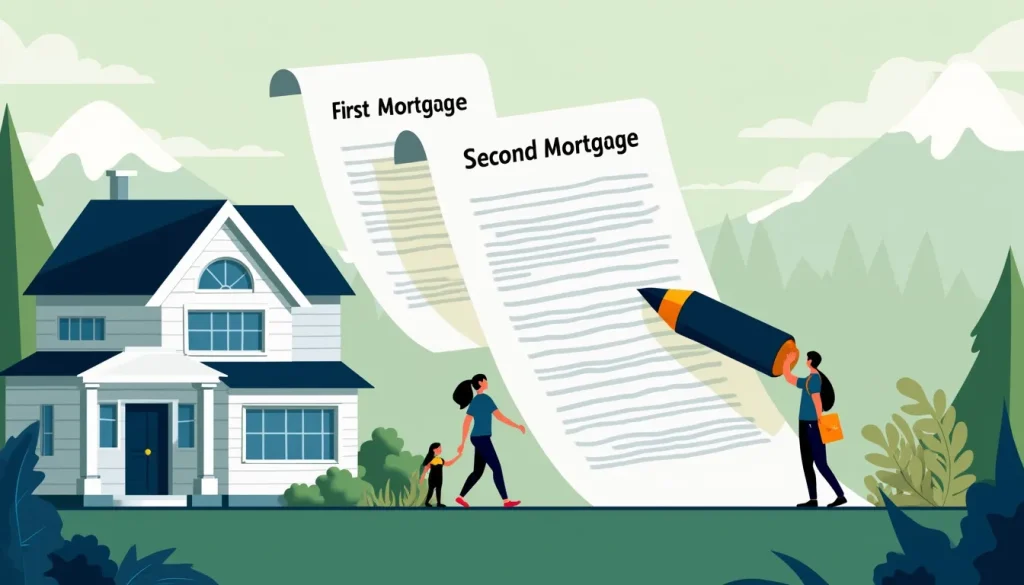 Create an image depicting a residential property with two distinct mortgage documents labeled First Mortgage and Second Mortgage hovering over it. In the f