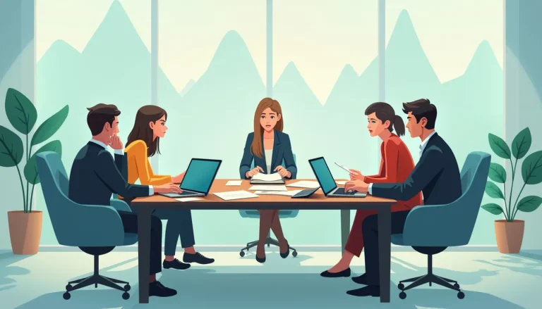 Create an image depicting a tense yet professional meeting between a worried individual proposing a debt management plan and a group of skeptical creditors