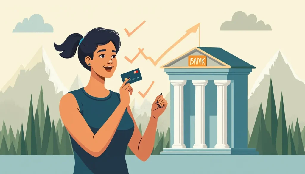 Create an illustration of a person standing in front of a bank building with a satisfied expression, holding a newly obtained credit card. In the backgroun