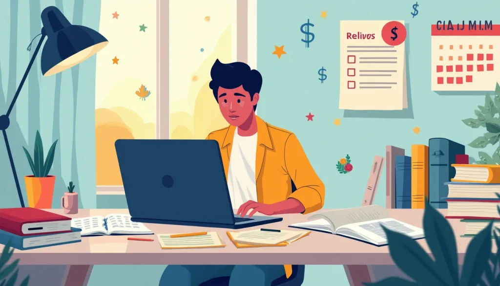 Create an image depicting a young adult student sitting at a desk filled with notebooks and a laptop, surrounded by student loan papers. The student's expr