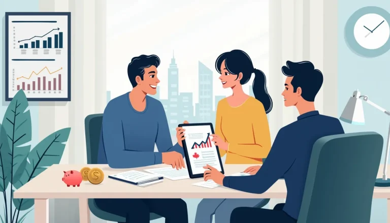 Create an image depicting a modern office setting with a financial advisor explaining consumer proposals to a couple. The advisor is pointing to a digital