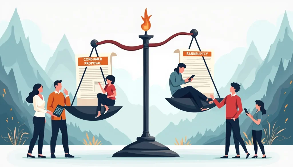 Create an image depicting a balanced scale where one side has a document labeled Consumer Proposal and the other side has a document labeled Bankruptcy. Th