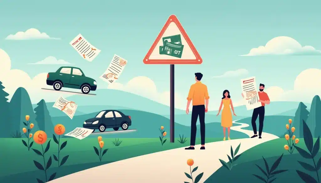 An illustration of a person standing at a crossroads with a large road sign displaying different financial symbols. One path leads to a whimsical depiction