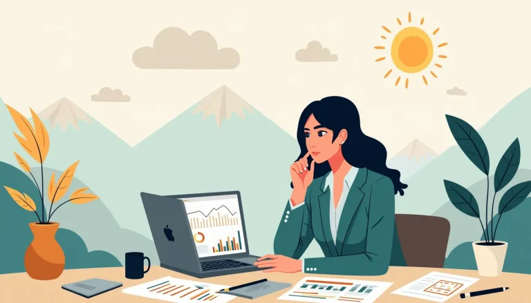 Create an image featuring a thoughtful businesswoman at a desk with a laptop, surrounded by documents relating to financial planning and tax obligations. O