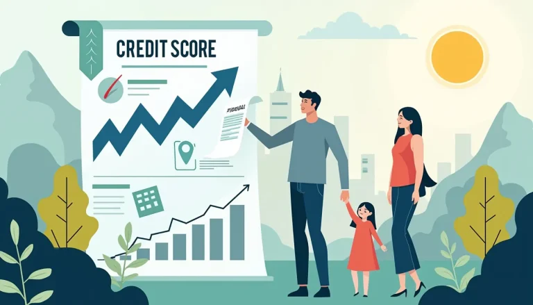 Create an image illustrating the concept of a consumer proposal and its effect on a credit score. The scene shows a large, abstract credit score report wit