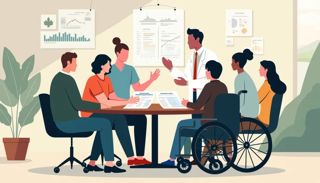 Create an image of a diverse group of people sitting at a round table, with papers and charts in front of them titled Consumer Proposals and Disability Tax