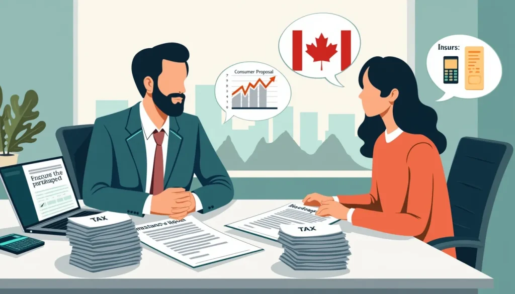 Create an illustration depicting a financial advisor sitting at a desk with stacks of paperwork labeled Consumer Proposal and Income Tax. The advisor is ex