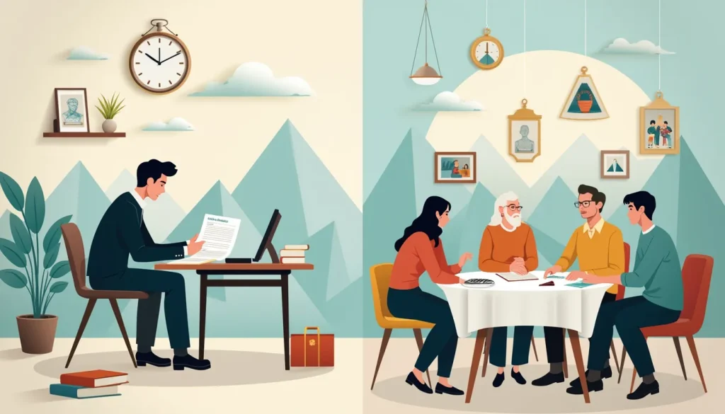 Create an image depicting a conceptual scene that combines the themes of financial management and inheritance. On one side, illustrate an individual seated