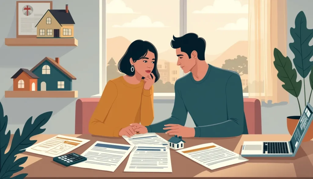 Create an image of a couple sitting at a kitchen table surrounded by various financial documents, including a consumer proposal agreement and mortgage offe