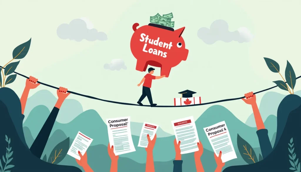 Create an illustration depicting the financial balancing act of a young adult trying to manage student loan repayment amidst various financial obligations.