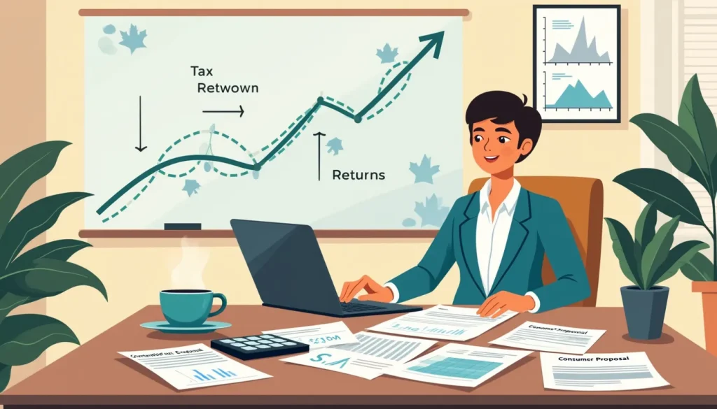 Create an image of a financial advisor's desk, cluttered with documents labeled Consumer Proposal and Tax Returns. On the desk, include a calculator, a lap