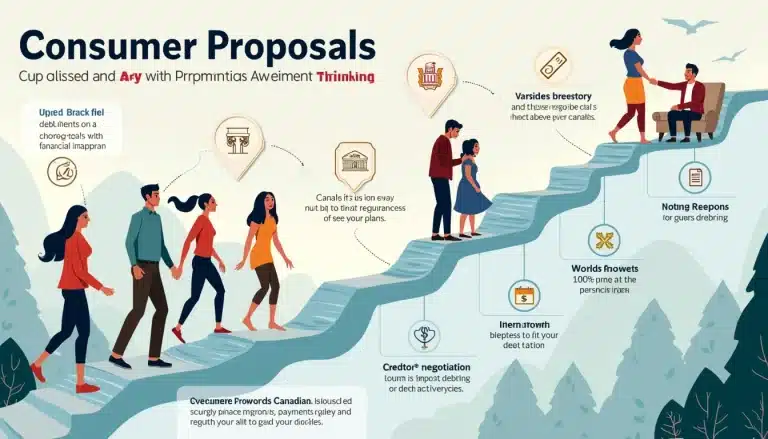 A detailed infographic illustrating the process of Consumer Proposals in Canada, featuring key steps such as initial consultation, proposal drafting, credi