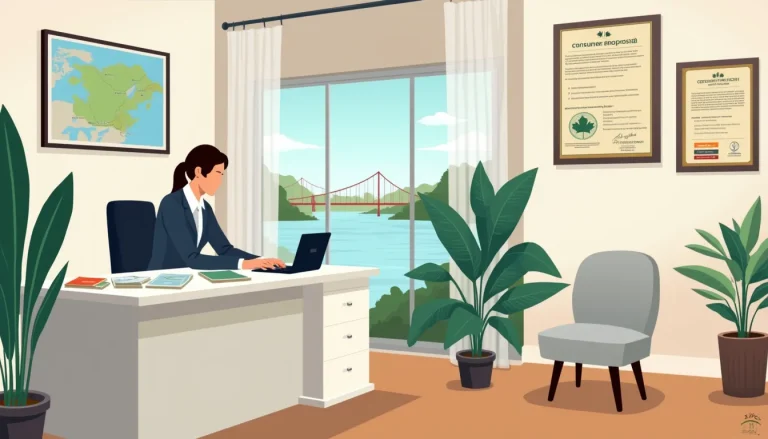 Create an image depicting a financial advisor's office in Cornwall, Ontario. The scene includes a welcoming advisor sitting at a modern desk, with informat