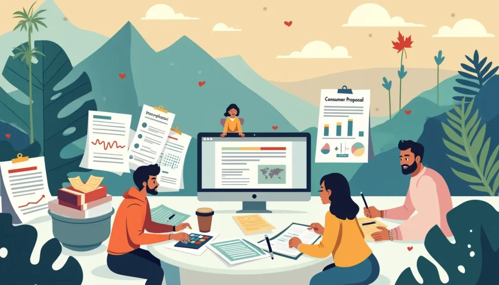 Create an illustration of a desk cluttered with various essential documents related to a consumer proposal. Include items like financial statements, a calc