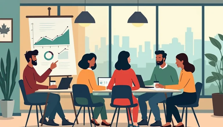 Create an image depicting a diverse group of individuals sitting around a table in a cozy, modern office space. They appear engaged in a friendly discussio