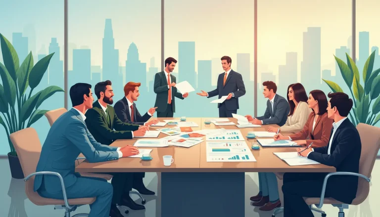 Create an image that portrays a corporate boardroom setting with diverse business professionals gathered around a large conference table. Emphasize the col