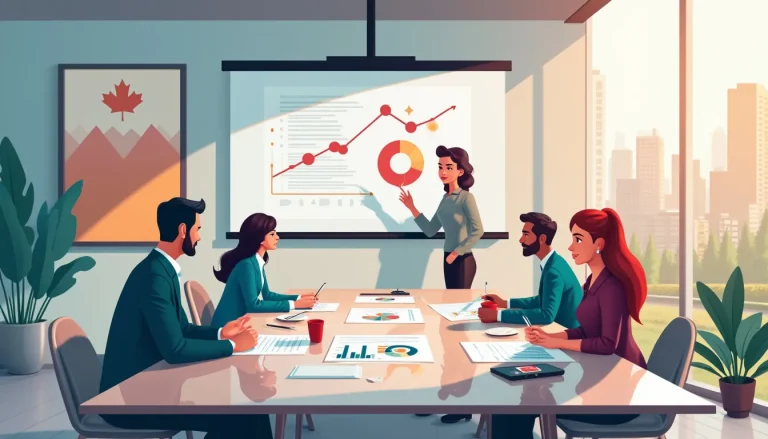 Create an image of a business meeting room where a group of diverse professionals are gathered around a large table. The table is covered with charts, spre