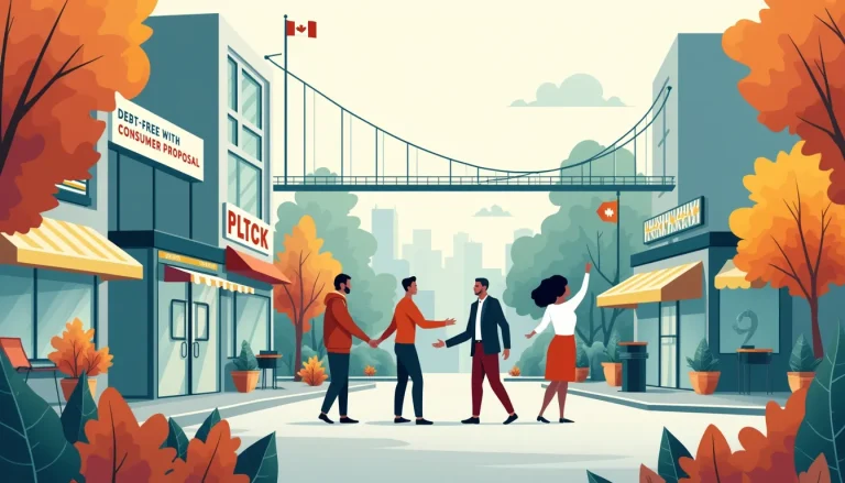 Create an image depicting a bustling Ontario business district, with various storefronts proudly displaying signs that read Debt-Free with Consumer Proposa