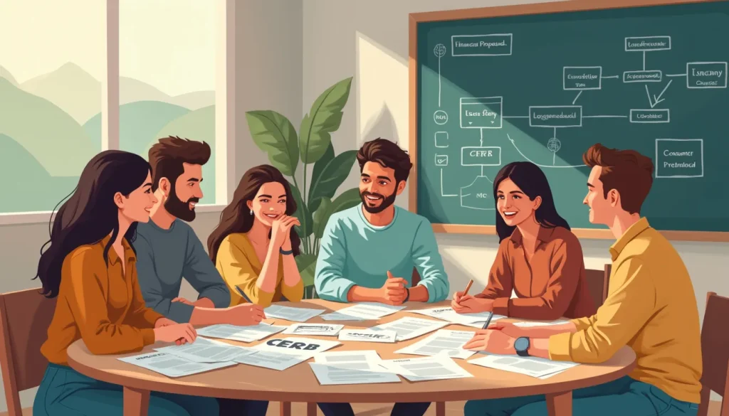 Create an image depicting a diverse group of individuals sitting around a table with paperwork, engaged in a discussion about financial solutions. The tabl